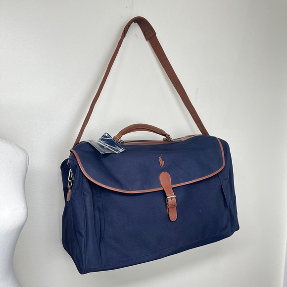Ralph Lauren, NWT, Dk blue/Brown Duffel Bag, Big! Clean, Canvas, Unisex, 22”x13” - Picture 1 of 15